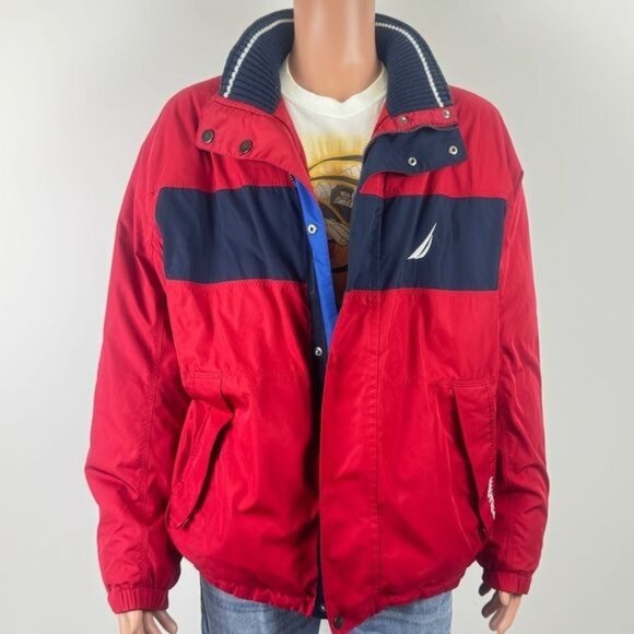 Men's Nautica Reversible Down Blend Winter Jacket Coat Spell Out Size XL Red - Picture 1 of 15